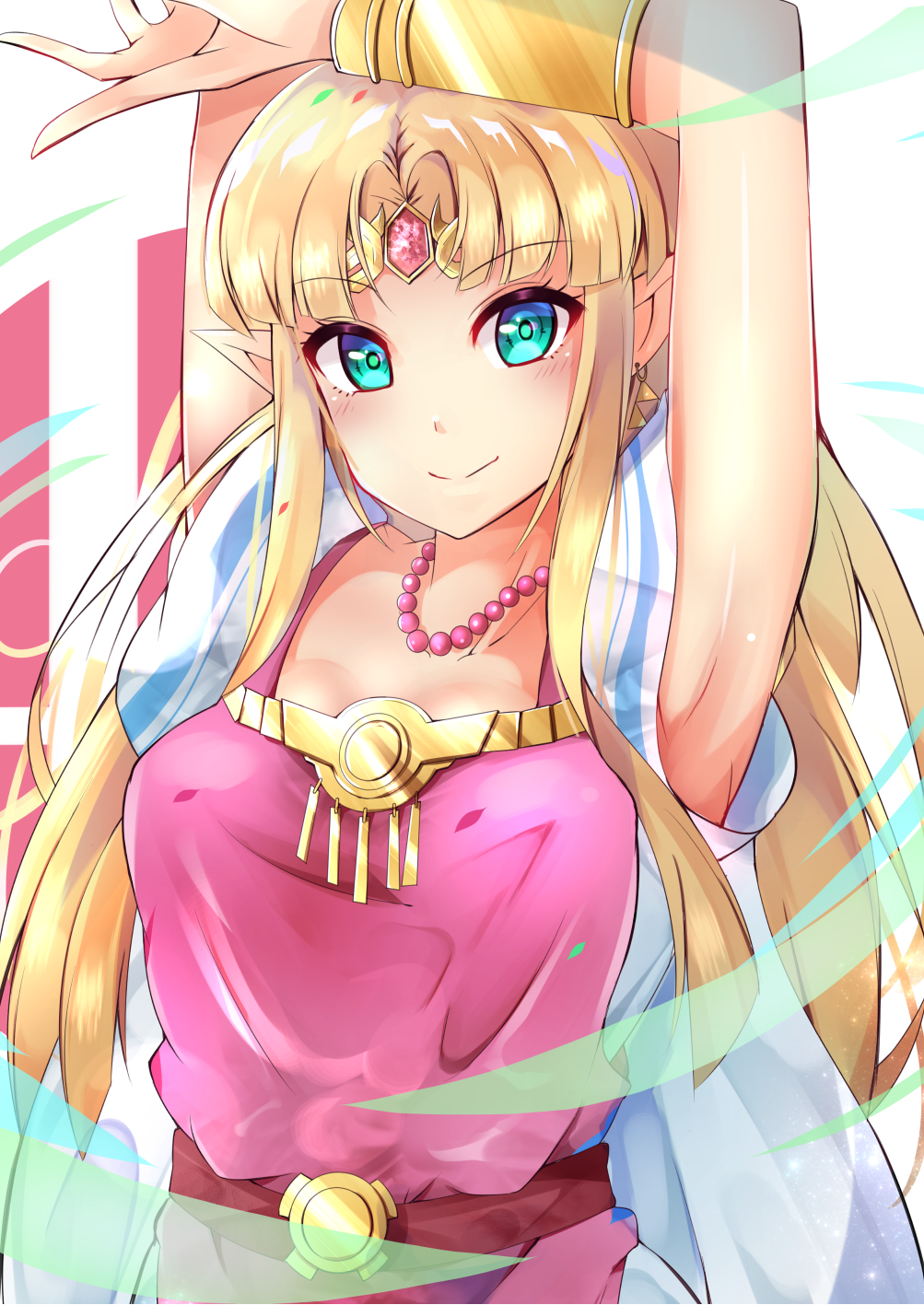 1girl aqua_eyes bangs bead_necklace beads belt blonde_hair blush bracer breasts cape circlet cleavage closed_mouth collarbone detached_sleeves dress earrings gem highres jewelry logo looking_at_viewer medium_breasts necklace nintendo parted_bangs ponytail princess_zelda racket_ti1 ruby_(gemstone) shiny shiny_hair short_sleeves sidelocks smile solo sparkle super_smash_bros. tabard the_legend_of_zelda the_legend_of_zelda:_a_link_to_the_past triforce two-tone_background upper_body visible_air white_background white_cape white_dress