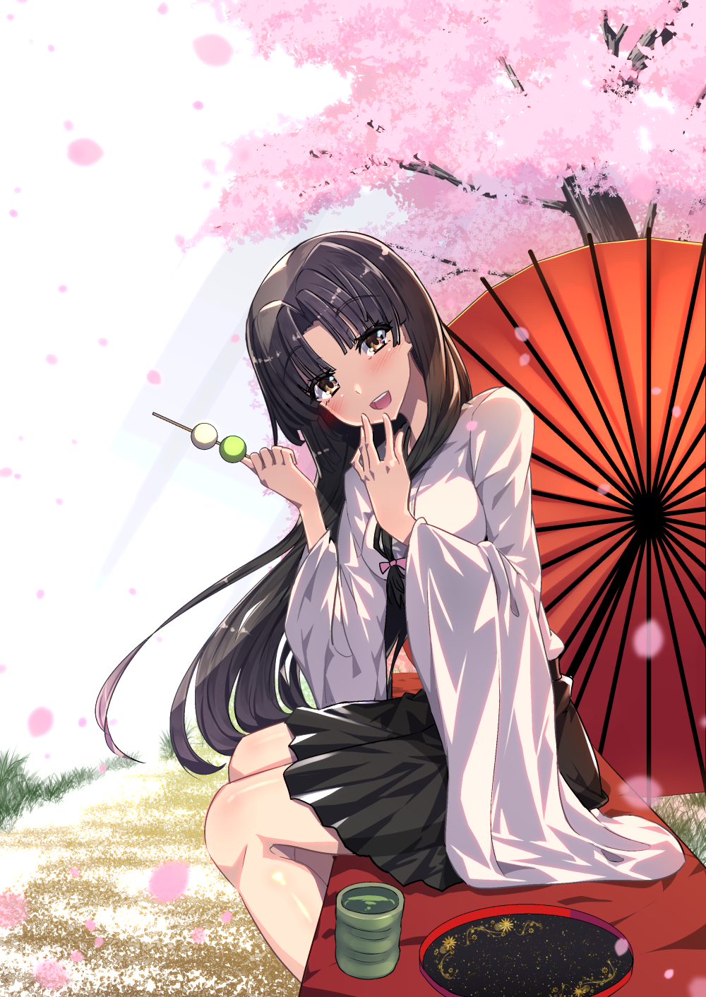 1girl bangs black_hair black_skirt bow brown_eyes cherry_blossoms cup dango food hair_bow highres holding holding_food inu3 japanese_clothes kantai_collection kimono long_hair looking_at_viewer low-tied_long_hair oriental_umbrella outdoors parted_bangs plate pleated_skirt red_umbrella shouhou_(kantai_collection) sitting skirt tree umbrella wagashi white_kimono wide_sleeves