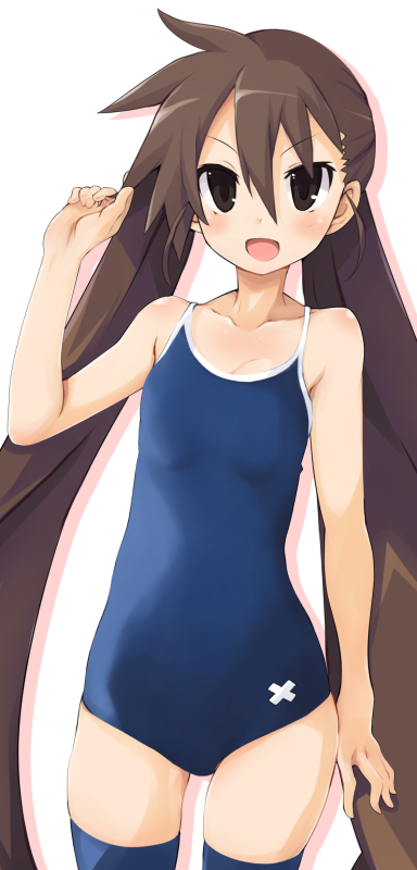 1girl blue_legwear blush breasts brown_eyes brown_hair disgaea hand_in_hair iwasi-r kazamatsuri_fuuka long_hair makai_senki_disgaea_4 one-piece_swimsuit open_mouth school_swimsuit small_breasts smile swimsuit thigh-highs twintails very_long_hair