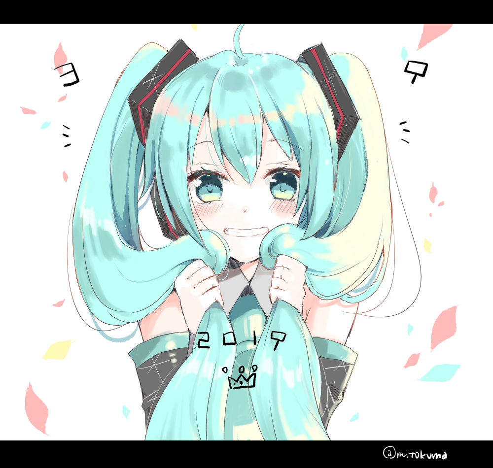 1girl 2019 ahoge aqua_hair bangs black_sleeves blush collared_shirt commentary detached_sleeves eyebrows_visible_through_hair green_eyes green_neckwear grey_shirt grin hair_between_eyes hair_grab hair_ornament hatsune_miku letterboxed long_hair long_sleeves looking_at_viewer mitoko_(kuma) necktie shirt sleeveless sleeveless_shirt smile solo twintails twitter_username upper_body vocaloid