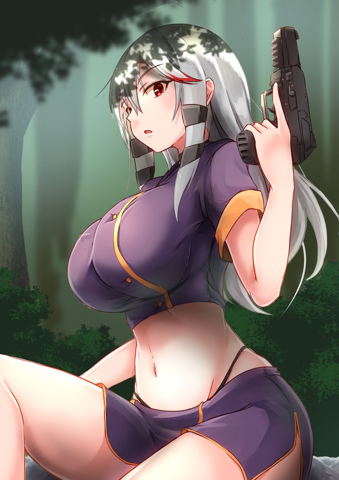 1girl breasts character_request commentary_request copyright_request crop_top gun hair_between_eyes handgun highres holding holding_gun holding_weapon j_yak47 large_breasts long_hair navel open_mouth original outdoors pistol purple_shirt red_eyes shirt short_sleeves side_slit silver_hair sitting stomach thighs thong tree weapon