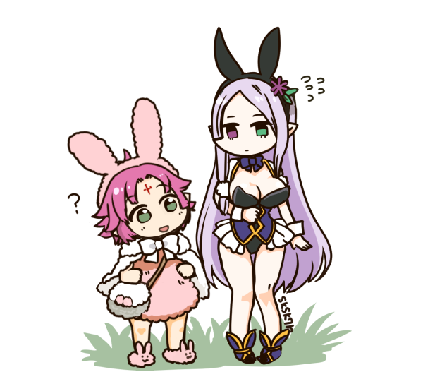 2girls alternate_costume animal_ears artist_name breasts cape cleavage closed_mouth fa facial_mark fake_animal_ears fire_emblem fire_emblem:_fuuin_no_tsurugi fire_emblem_heroes forehead_mark grass green_eyes heterochromia idoun large_breasts leotard long_hair mamkute multiple_girls nintendo open_mouth pointy_ears purple_hair rabbit_ears short_hair simple_background sksk7r standing violet_eyes white_background
