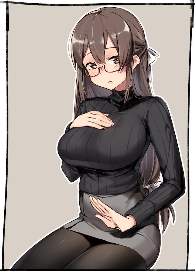 1girl bow brown_hair hair_bow hair_tie half_updo impossible_clothes impossible_sweater kei_(soundcross) long_hair original outline pantyhose pencil_skirt red-framed_eyewear ribbed_sweater semi-rimless_eyewear skirt sweater white_outline