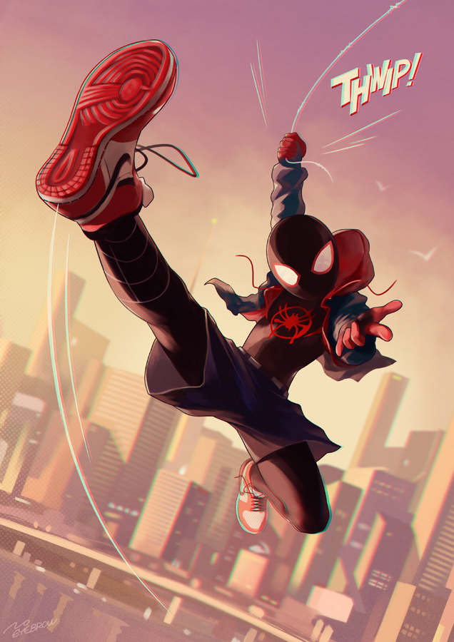 1boy black_shorts bodysuit building city cityscape commentary_request full_body hood hoodie kicking male_focus mask midair miles_morales motion_lines noeyebrow_(mauve) onomatopoeia open_clothes open_hoodie red_footwear shoes shorts skyscraper sneakers solo spider-man:_into_the_spider-verse spider-man_(miles_morales) spider-man_(series) spider_web_print superhero