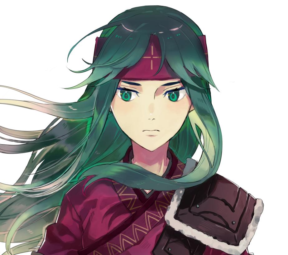 1girl aisutabetao fire_emblem fire_emblem:_fuuin_no_tsurugi fire_emblem_heroes green_eyes green_hair headband long_hair looking_at_viewer nintendo portrait solo sue_(fire_emblem)