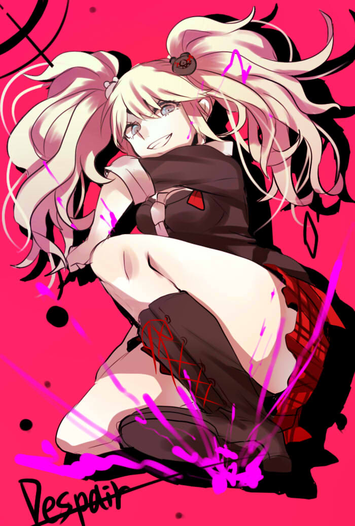 1girl bear_hair_ornament black_footwear black_jacket blonde_hair boots dangan_ronpa dangan_ronpa_1 enoshima_junko floating_hair full_body grey_eyes grin hair_ornament hbee jacket kurozatou_owata long_hair looking_at_viewer necktie plaid plaid_skirt pleated_skirt red_background red_skirt school_uniform skirt sleeves_rolled_up smile solo twintails white_neckwear