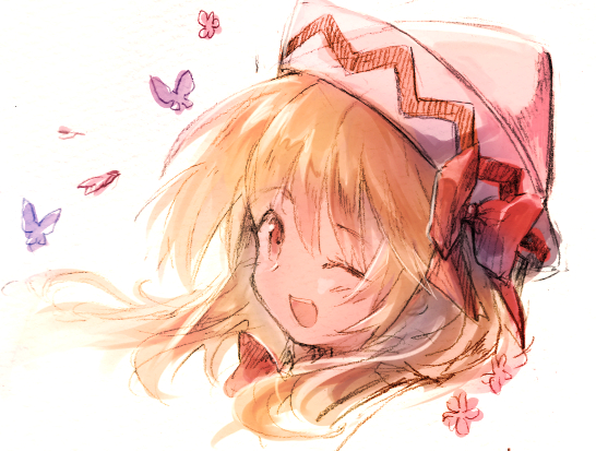 1girl ;d bangs blonde_hair blush bow bug butterfly eyebrows_visible_through_hair hair_bow hat insect lily_white long_hair looking_at_viewer mom_bolo one_eye_closed open_mouth portrait red_bow red_eyes red_neckwear simple_background smile solo touhou white_background white_hat