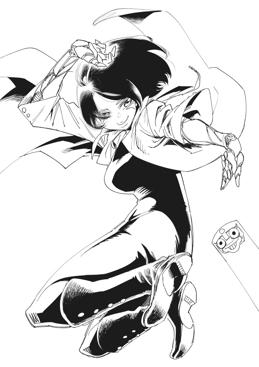 1girl black_hair bodysuit boots commentary_request cyborg facial_mark full_body gally gunnm jumping long_coat monochrome short_hair smile tibonobannsann