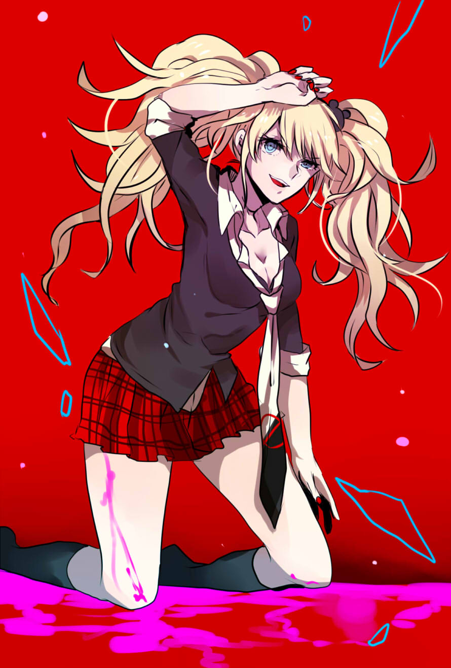 1girl :d arm_up black_jacket black_legwear blonde_hair blood blue_eyes bra bra_peek breasts bunny_hair_ornament cleavage collarbone dangan_ronpa dangan_ronpa_1 enoshima_junko eyebrows_visible_through_hair floating_hair hair_between_eyes hair_ornament highres jacket kneehighs kneeling kurozatou_owata leaning_forward long_hair long_sleeves medium_breasts miniskirt nail_polish necktie open_mouth plaid plaid_skirt pleated_skirt red_background red_nails red_skirt simple_background skirt sleeves_rolled_up smile solo twintails underwear very_long_hair