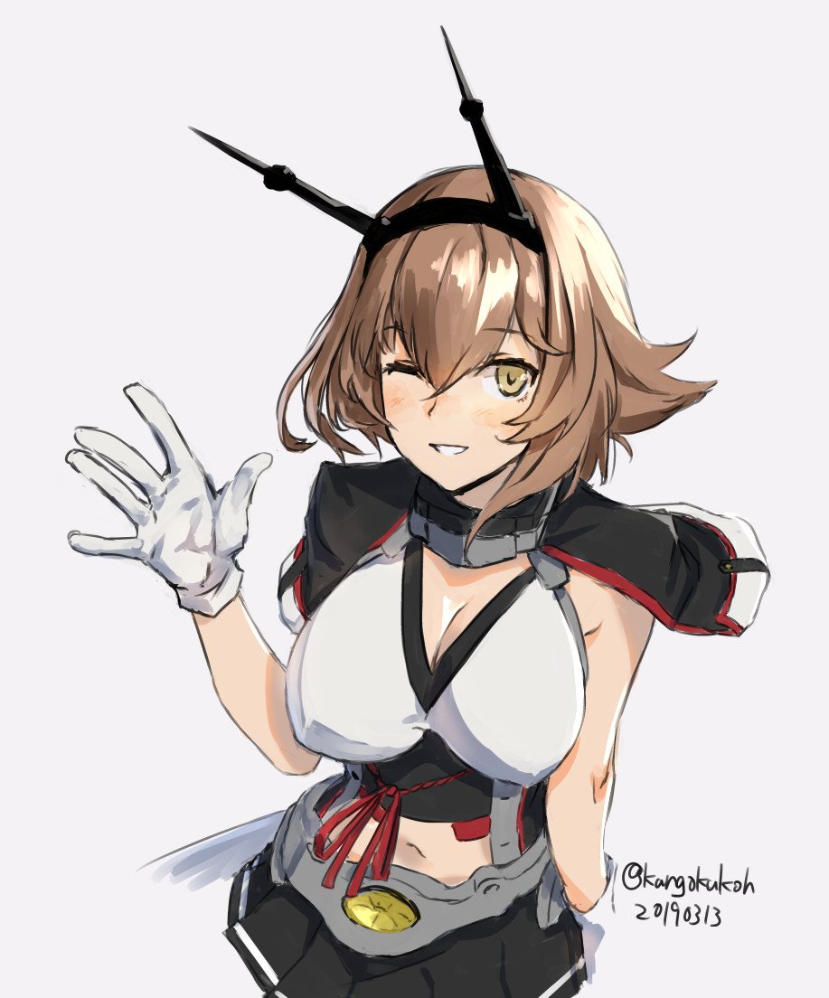 1girl breasts brown_hair capelet commentary_request cowboy_shot dated gloves green_eyes hairband headgear kangoku_kou kantai_collection large_breasts looking_at_viewer midriff mutsu_(kantai_collection) navel one_eye_closed radio_antenna remodel_(kantai_collection) short_hair simple_background solo twitter_username waving white_background white_gloves