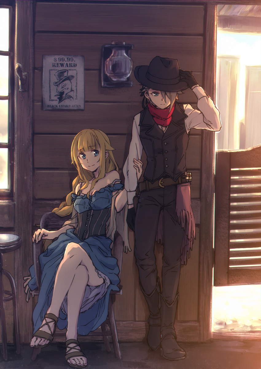 2girls against_wall ange_(princess_principal) arm_at_side bangs bare_legs black_footwear black_gloves black_hat black_pants black_vest blonde_hair blue_dress blue_eyes blunt_bangs boots braid breasts brown_footwear brown_hair chair cleavage closed_mouth corset cowboy_hat day dress eyebrows_visible_through_hair full_body gloves hair_over_one_eye hand_on_another's_arm hand_on_headwear hat highres indoors knee_boots legs_crossed long_hair long_sleeves looking_at_viewer medium_breasts multiple_girls off-shoulder_dress off_shoulder on_chair pants princess_(princess_principal) princess_principal red_scarf reverse_trap sandals scarf shawl shirt short_hair sidelocks single_braid sitting smile standing strap_slip sunlight table tareme tsuta_no_ha very_long_hair vest wanted white_shirt wooden_floor