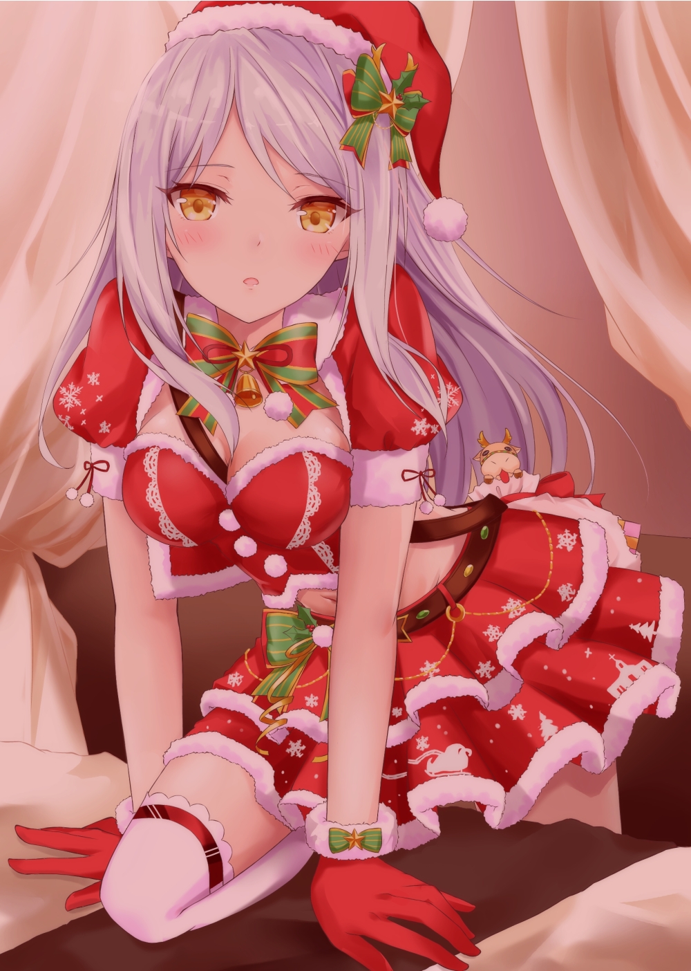 1girl bangs bed between_breasts blush bow breasts cleavage crop_top curtains eve_santaclaus floating_hair fur-trimmed_gloves fur-trimmed_hat fur-trimmed_skirt fur_trim gloves green_bow hair_bow hat highres idolmaster idolmaster_cinderella_girls idolmaster_cinderella_girls_starlight_stage indoors layered_skirt long_hair looking_at_viewer medium_breasts midriff navel one_knee open_mouth pleated_skirt print_skirt red_gloves red_hat red_skirt red_sleeves santa_costume santa_hat shiny shiny_hair short_sleeves shrug_(clothing) silver_hair skirt snowflake_print solo stomach striped striped_bow striped_neckwear swept_bangs thigh-highs very_long_hair white_l white_legwear yellow_eyes zettai_ryouiki
