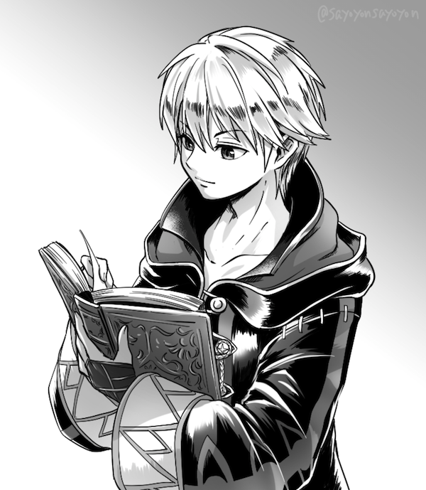 1boy book fire_emblem fire_emblem:_kakusei gloves hood male_focus male_my_unit_(fire_emblem:_kakusei) mamkute monochrome my_unit_(fire_emblem:_kakusei) nintendo reading robe sayoyonsayoyo short_hair simple_background smile solo white_hair