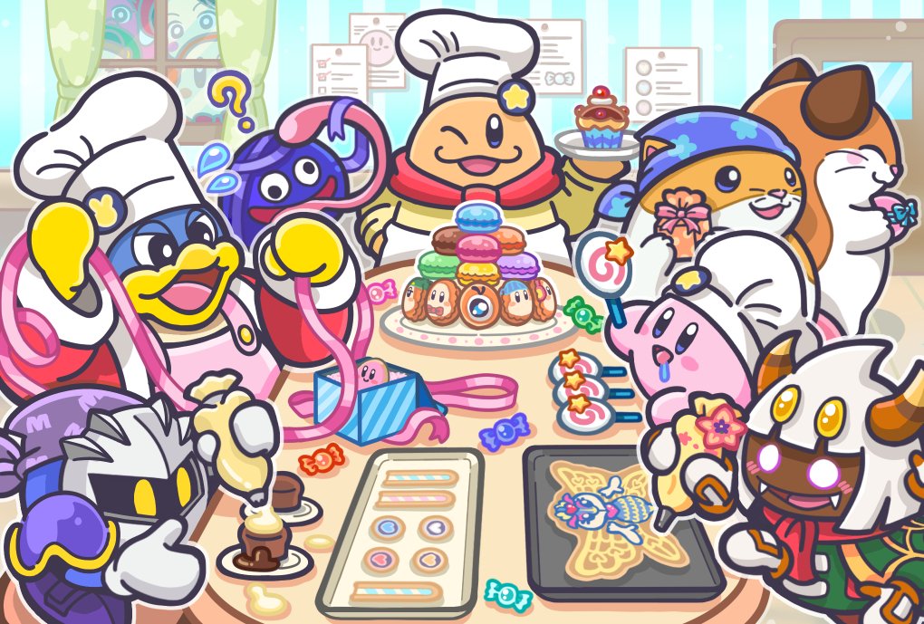 2girls 6+boys adeleine bob_cut cat chef_hat chef_kawasaki chuchu_(kirby) commentary_request cookie cupcake food gift gooey hamster hat icing invincible_candy king_dedede kirby kirby_(series) macaron mask meta_knight multiple_boys multiple_girls nago nintendo official_art pastry_bag peeking ribbon rick_(kirby) taranza tray waddle_dee white_day wrapped_candy