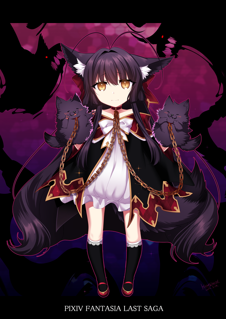 1girl animal_ears antenna_hair bangs black_hair chains collar dated dress eyebrows_visible_through_hair fox_ears fox_tail konshin long_hair looking_at_viewer off-shoulder_dress off_shoulder pixiv_fantasia_last_saga puppet signature slit_pupils solo tail yellow_eyes