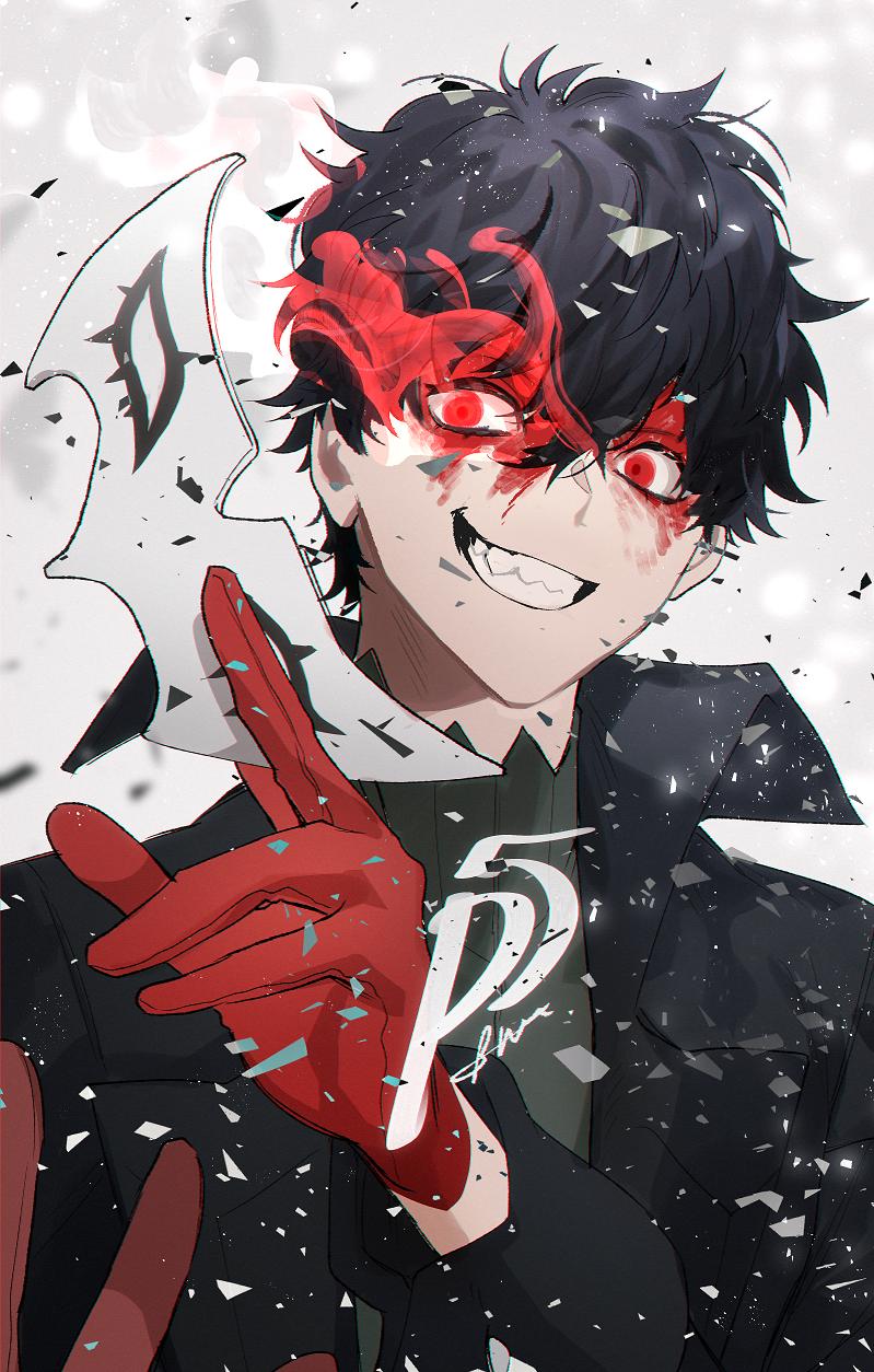 1boy amamiya_ren artist_request black_hair blood crazy_eyes crazy_smile curly_hair gloves highres looking_at_viewer male_focus mask persona persona_5 red_gloves short_hair smile solo