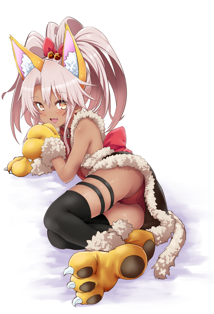 1girl :d animal_ear_fluff animal_ears ass bangs bare_shoulders bell black_legwear black_skirt blush bow brown_eyes chloe_von_einzbern commentary_request dark_skin eyebrows_visible_through_hair fang fate/kaleid_liner_prisma_illya fate_(series) full_body fur-trimmed_gloves fur-trimmed_skirt fur_trim gloves hair_bell hair_between_eyes hair_bow hair_ornament high_ponytail jingle_bell light_brown_hair looking_at_viewer lying noa_(nagareboshi) on_side open_mouth panties paw_gloves paw_shoes paws ponytail red_bow red_panties shoes skirt smile solo thigh-highs underwear white_background yellow_gloves