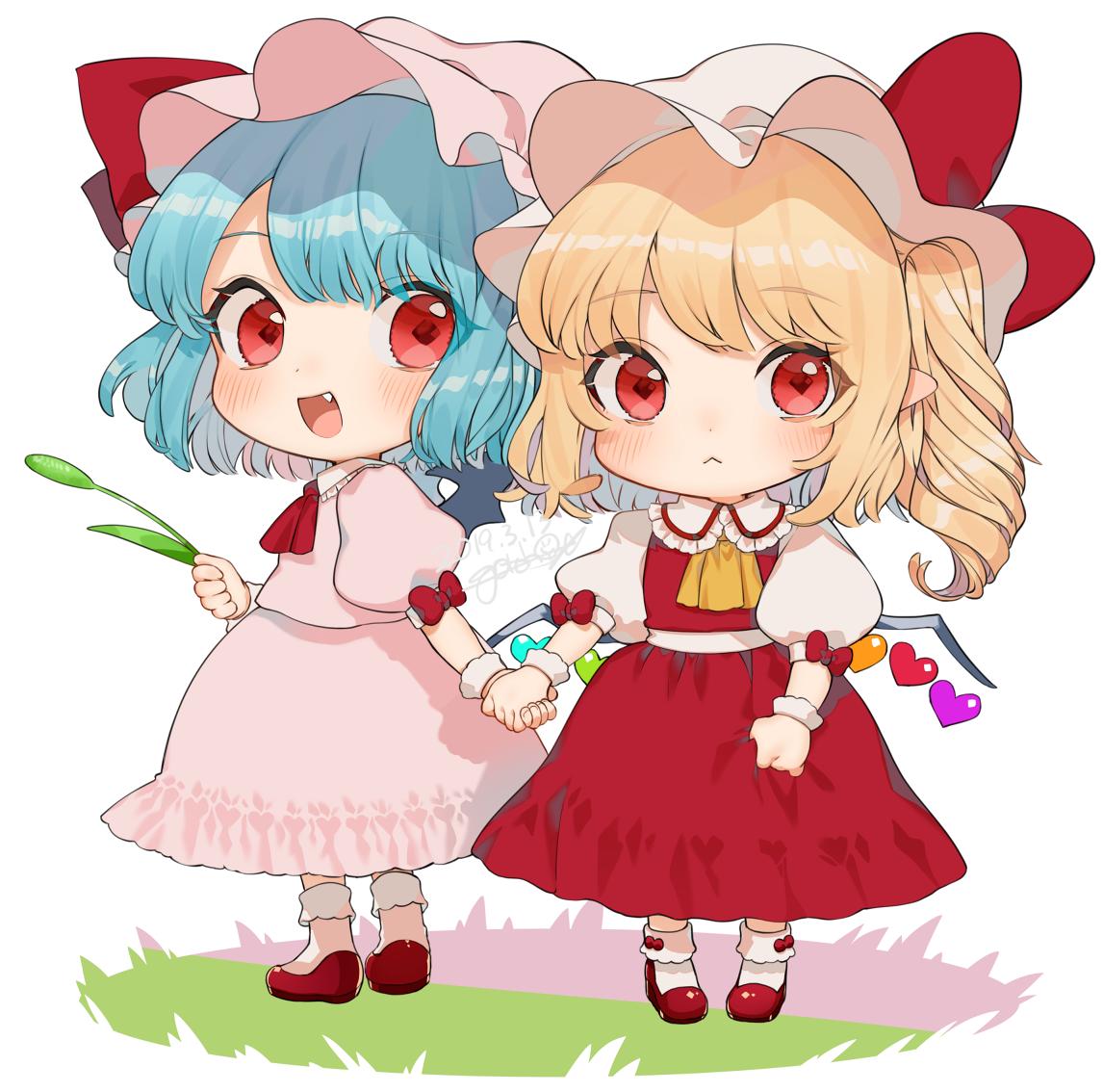 2girls :&lt; :d artist_name ascot bangs blonde_hair blue_hair blush bow chibi commentary_request dated dress eyebrows_visible_through_hair fang flandre_scarlet frilled_shirt_collar frills full_body gotoh510 hand_holding hat hat_bow hat_ribbon holding long_hair looking_at_viewer multiple_girls one_side_up open_mouth pink_dress pink_hat pointy_ears puffy_short_sleeves puffy_sleeves red_bow red_eyes red_footwear red_neckwear red_ribbon red_skirt red_vest remilia_scarlet ribbon shirt shoes short_hair short_sleeves siblings signature simple_background sisters skirt skirt_set smile socks standing touhou vest white_background white_hat white_legwear white_shirt wrist_cuffs yellow_neckwear