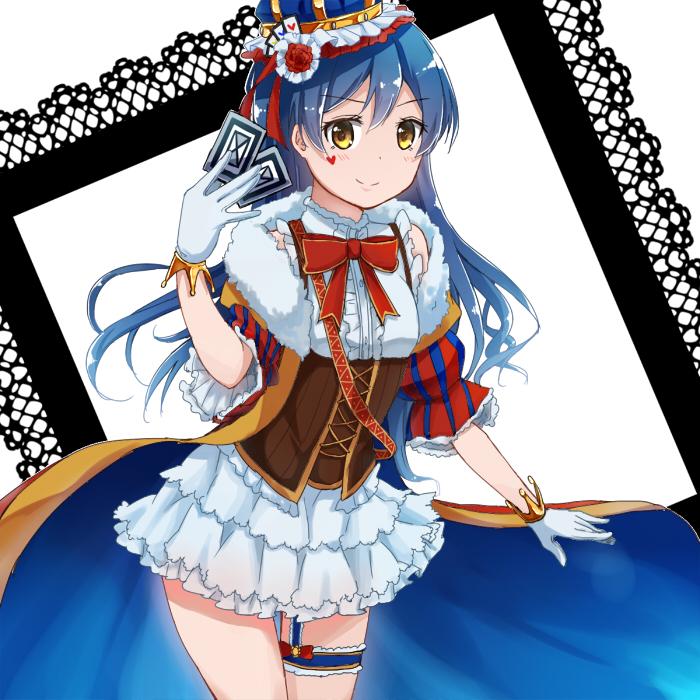 1girl bangs blue_hair cape card commentary_request cowboy_shot frills fur_trim gloves hair_between_eyes hat heart holding holding_card leg_garter long_hair looking_at_viewer love_live! love_live!_school_idol_festival love_live!_school_idol_project mechiko_(mmttkknn) smile solo sonoda_umi white_gloves yellow_eyes