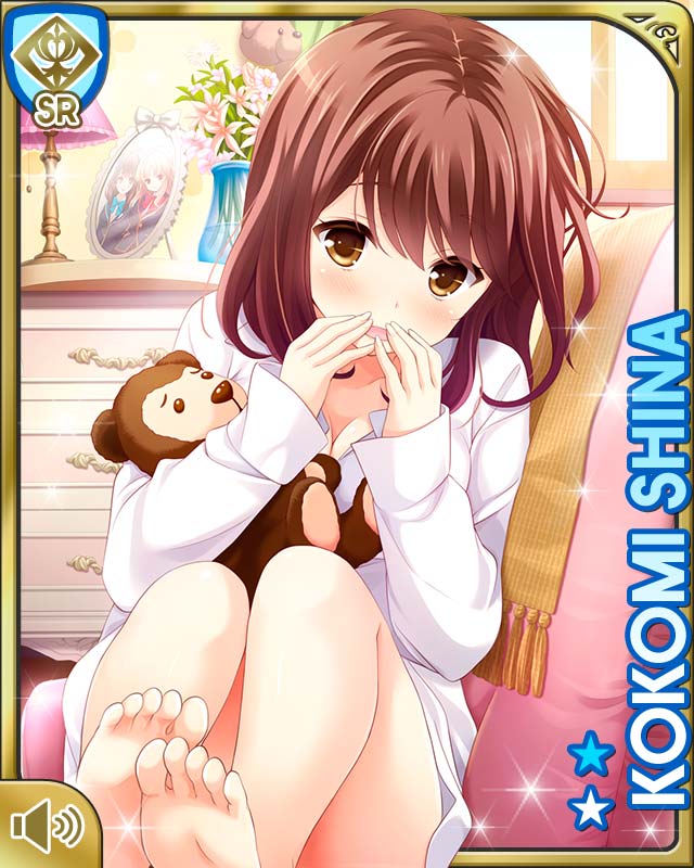 1girl barefoot breasts brown_eyes brown_hair card_(medium) chair character_name cleavage drawer dress_shirt feet flower girlfriend_(kari) hand_to_own_mouth hug legs no_pants object_hug open_mouth photo_(object) qp:flapper shiina_kokomi shirt short_hair sitting soles solo stuffed_animal stuffed_toy teddy_bear toes vase white_shirt