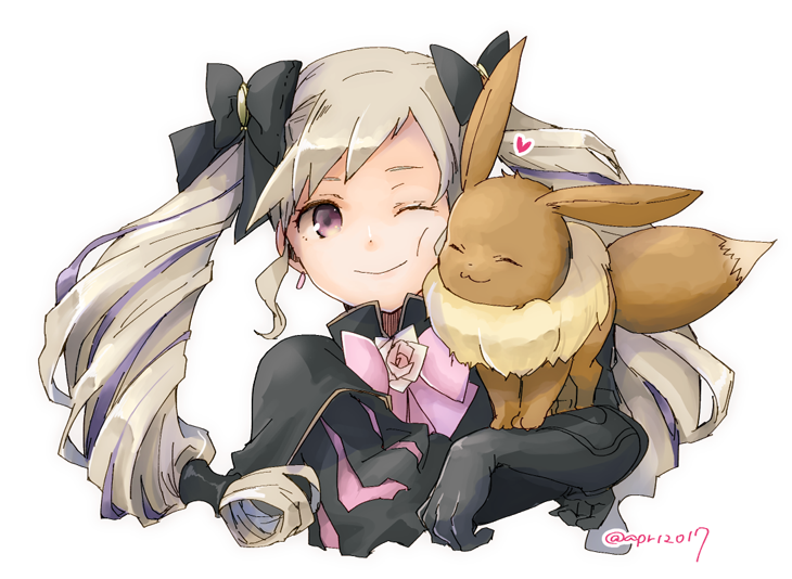1girl black_bow black_gloves blonde_hair bow closed_mouth creatures_(company) earrings eevee elise_(fire_emblem_if) fire_emblem fire_emblem_if game_freak gen_1_pokemon gloves hair_bow intelligent_systems jewelry long_hair multicolored_hair nintendo one_eye_closed pink_bow pokemon pokemon_(creature) pokemon_rgby purple_hair robaco simple_background smile super_smash_bros. twintails twitter_username violet_eyes white_background