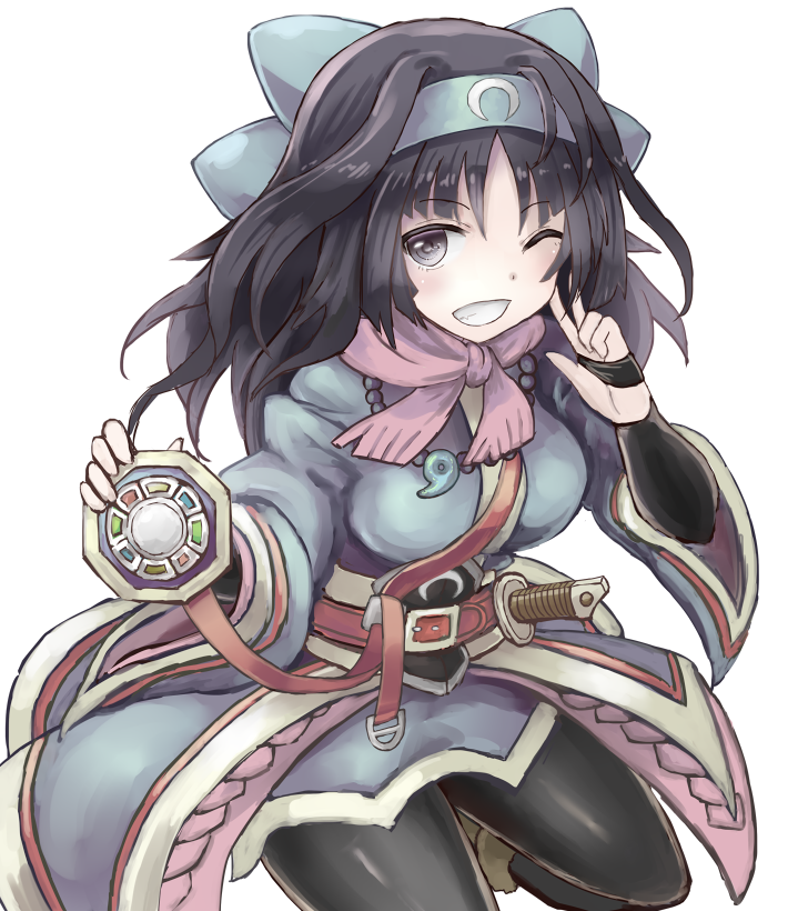 aoiyamagi4 bangs bead_necklace beads black_hair black_pants blue_coat blush boots breasts buckle commentary crescent dot_nose eyebrows_visible_through_hair fur_boots gem grey_eyes grin hair_ribbon hand_wraps headband hilt holding jewelry kururu_(sennen_sensou_aigis) large_breasts long_coat long_hair long_sleeves necklace one_eye_closed pants pink_scarf ribbon scarf sennen_sensou_aigis simple_background smile strap sword_hilt v white_background