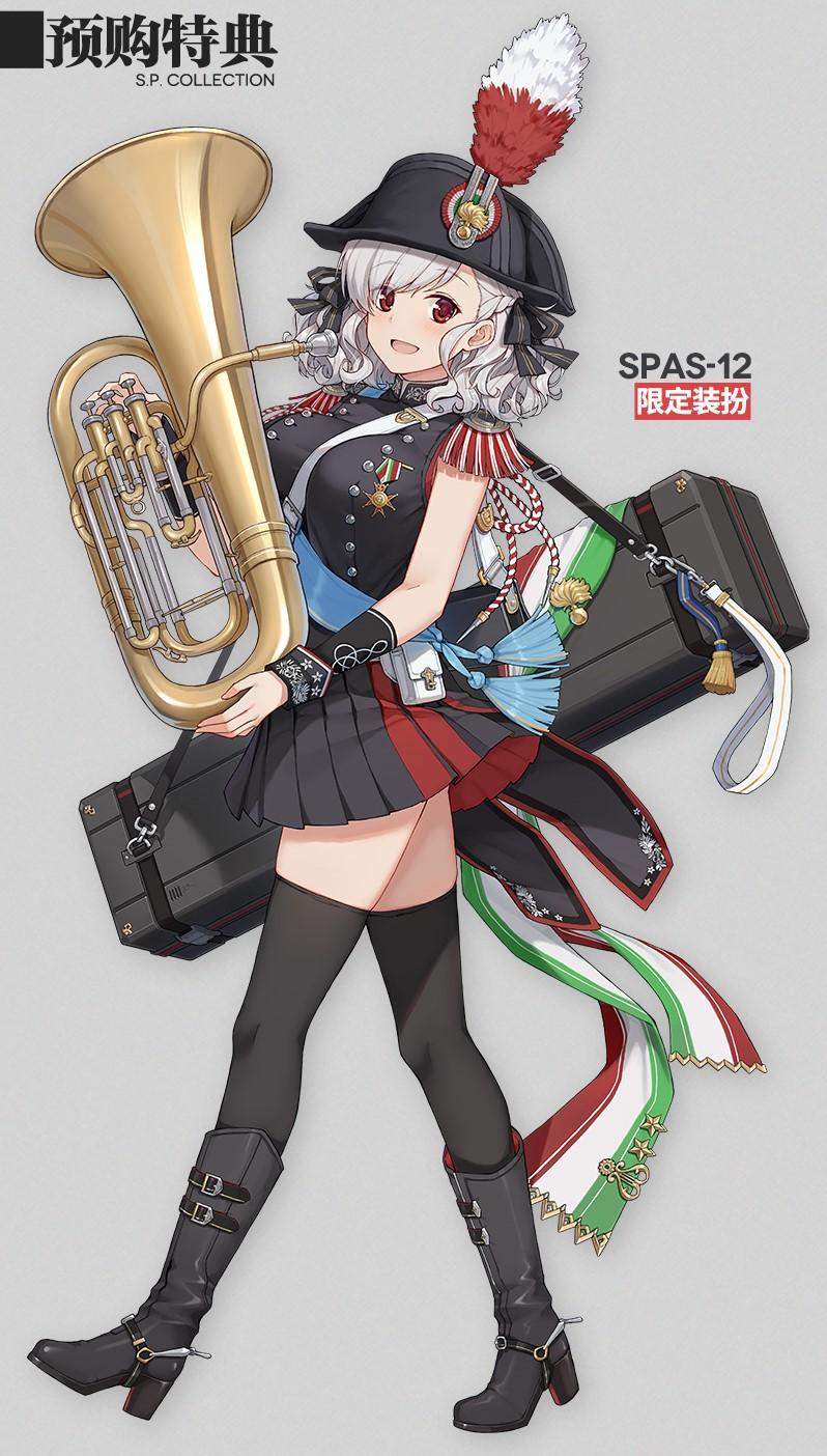 1girl alternate_costume boots character_name curly_hair girls_frontline grey_hair gun_case hat high_heel_boots high_heels highres instrument italian_flag medal military military_hat military_uniform official_art red_eyes skirt solo spas-12_(girls_frontline) terras thick_thighs thigh-highs thighs tricorne tuba uniform zettai_ryouiki