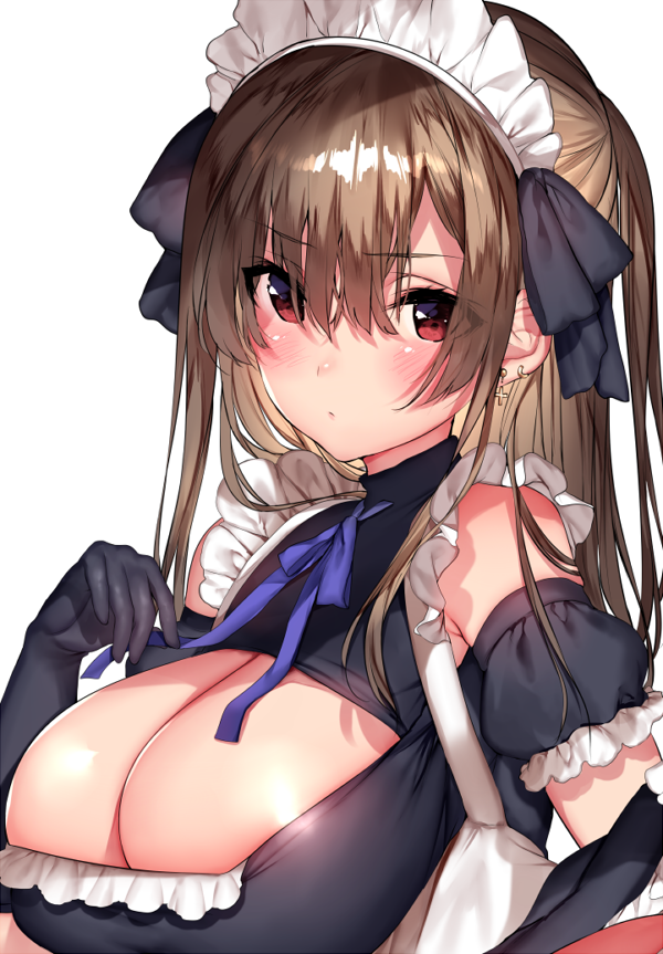 1girl bangs bare_shoulders black_dress black_gloves blue_neckwear blue_ribbon blush breasts brown_hair cleavage cleavage_cutout closed_mouth commentary_request detached_sleeves dress earrings elbow_gloves eyebrows_visible_through_hair eyes_visible_through_hair frills gloves hair_between_eyes jewelry large_breasts long_hair looking_at_viewer maid maid_headdress matarou_(genkai_toppa) one_side_up original puffy_short_sleeves puffy_sleeves red_eyes ribbon shiny shiny_skin short_sleeves simple_background solo white_background