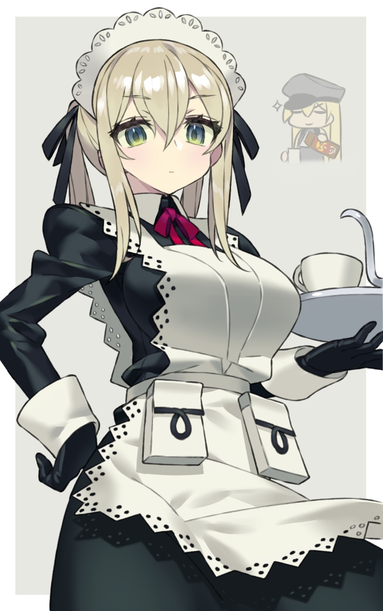 2girls alternate_costume apron bangs bismarck_(kantai_collection) black_dress black_gloves black_hat black_ribbon blonde_hair breasts chibi chibi_inset closed_eyes closed_mouth commentary_request cowboy_shot cup dress enmaided eyebrows_visible_through_hair gloves graf_zeppelin_(kantai_collection) green_eyes grey_background hair_between_eyes hair_ribbon hand_on_hip hat highres holding holding_tray itsumo_nokoru kantai_collection large_breasts light_blush long_hair long_sleeves looking_at_viewer maid maid_headdress milk_carton multiple_girls neck_ribbon peaked_cap pocket red_neckwear red_ribbon ribbon sidelocks simple_background sleeve_cuffs solo_focus sparkle teacup tray twintails v-shaped_eyebrows white_apron