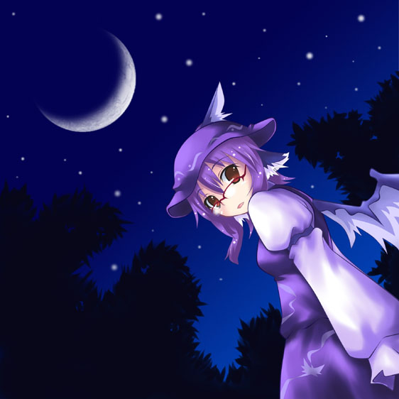 crescent_moon glasses ichiju moon mystia_lorelei night night_sky ogami_kazuki red-framed_glasses sky star_(sky) starry_sky touhou wings