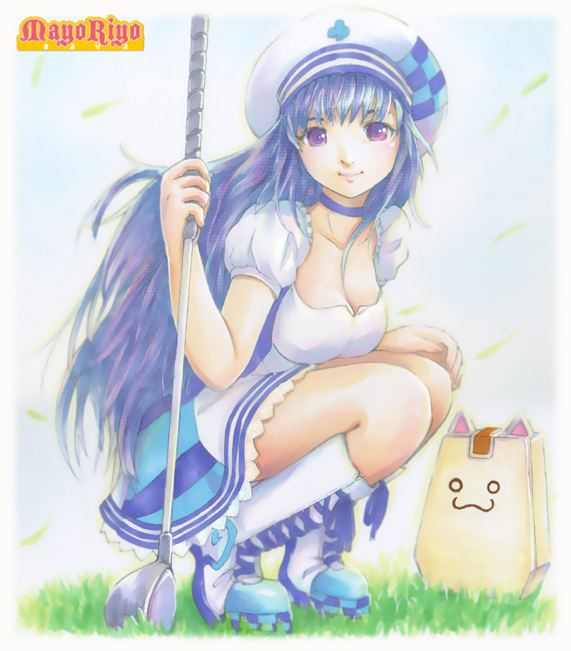 arin blue_hair boots breasts cleavage crouching dress golf_club hat long_hair pangya papel purple_eyes smile squatting violet_eyes