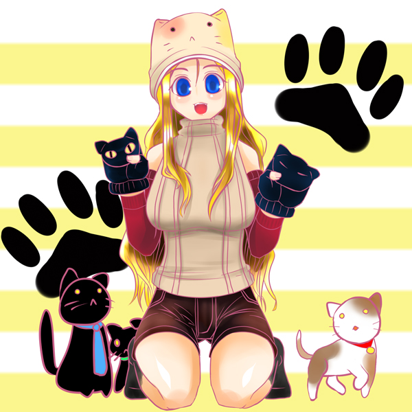 blue_eyes cat gloves happy mizuno_kakeru original puppet puppets shorts smile