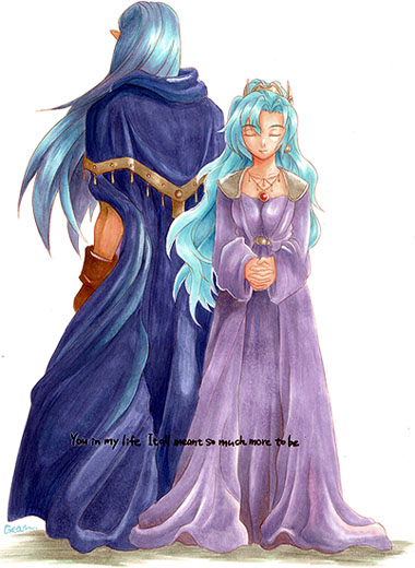 blue_hair breasts cape chrono_trigger closed_eyes dress gloves jewelry long_hair magus necklace pointy_ears robe schala_zeal tiara