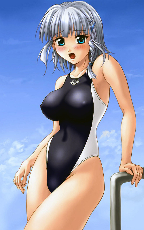 :o arena_(company) arm_support armpits bangs blue_eyes blush braid breasts cloud competition_swimsuit cyan_eyes embarrassed erect_nipples hair_ornament hairclip highleg highleg_swimsuit impossible_clothes impossible_swimsuit jpeg_artifacts large_breasts looking_at_viewer one-piece_swimsuit open_mouth outdoors seolla_schweizer short_hair side_braid silver_hair single_braid sky solo standing super_robot_wars swimsuit thighs