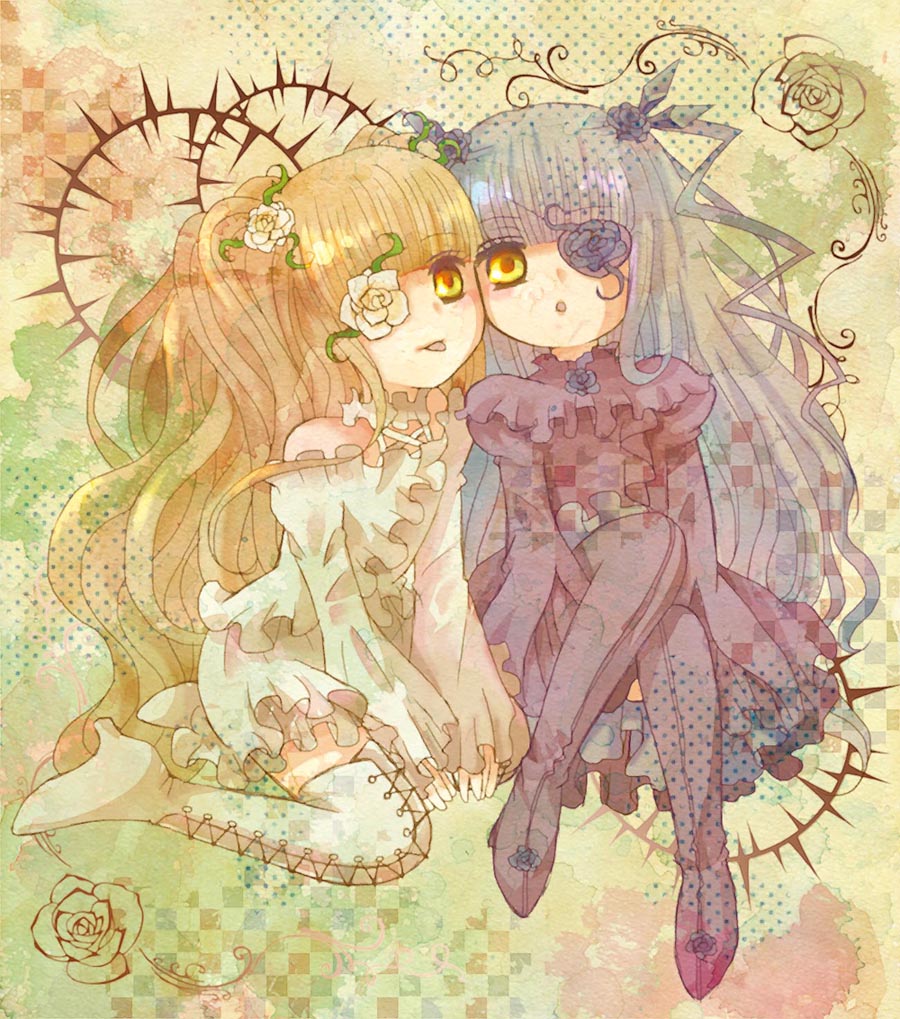 2girls amber_eyes barasuishou boots cross-laced_footwear curly_hair dress eyepatch flower high_heels kirakishou lace-up_boots long_hair multiple_girls neen open_mouth purple_dress rose rozen_maiden rozen_maiden_traumend shoes sitting thorns tongue tongue_out twintails very_long_hair white_dress