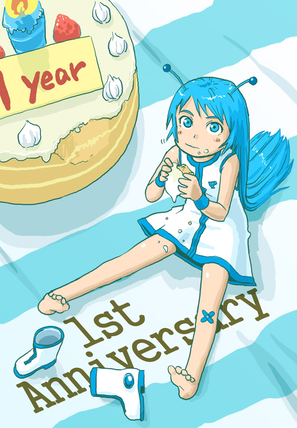 antenna bandaid barefoot blue_eyes blue_hair blush boots cake child crumbs eating feet food food_on_face from_above long_hair looking_up minigirl naotan pastry pixiv pixiv-tan sitting very_long_hair