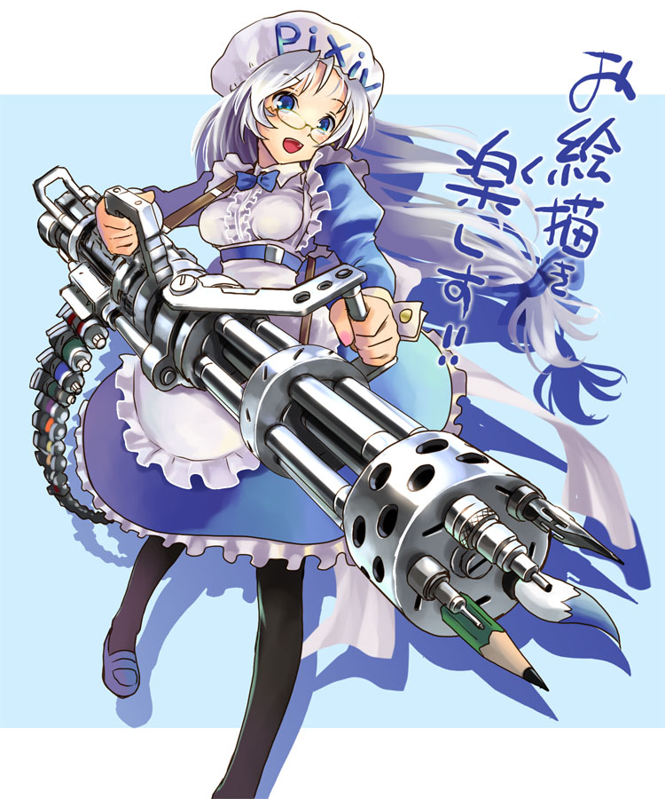 blue_eyes bow brush gatling_gun glasses gun hair_bow huge_weapon katahira_masashi long_hair maid mechanical_pencil minigun paintbrush pantyhose pen pencil personification pixiv pixiv-tan silver_hair weapon wooden_pencil