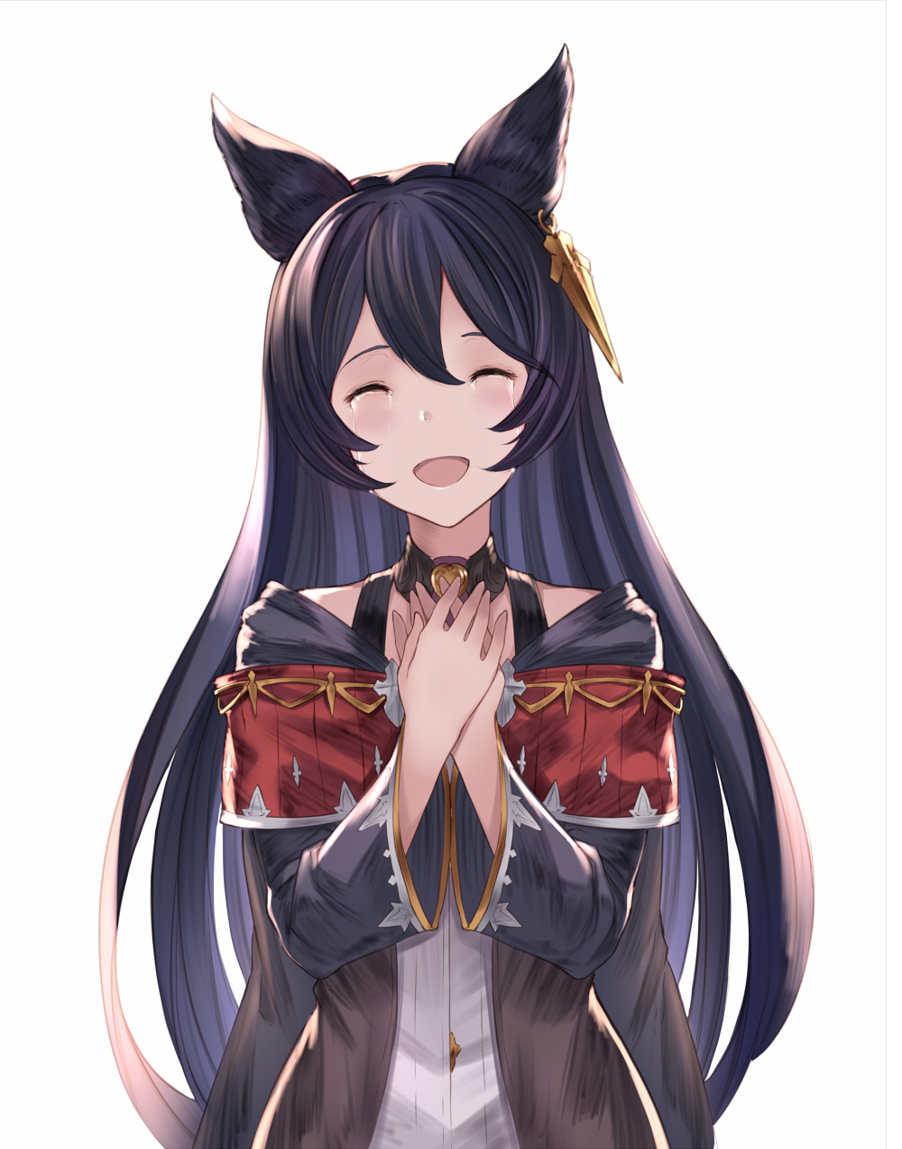 1girl :d ^_^ animal_ears bangs black_hair black_jacket blush closed_eyes closed_eyes commentary_request crying dress ear_piercing erune facing_viewer granblue_fantasy hair_between_eyes hands_together hands_up highres jacket long_hair long_sleeves niia open_clothes open_jacket open_mouth own_hands_together pak_ce piercing simple_background smile solo tears very_long_hair white_background white_dress wide_sleeves