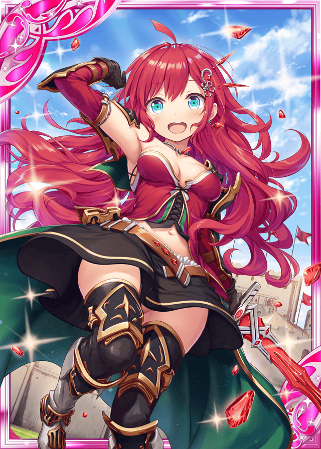 1girl akkijin belt blue_eyes breasts brown_gloves cape card_(medium) cleavage gloves green_cape hair_ornament holding holding_sword holding_weapon looking_at_viewer looking_down medium_breasts official_art redhead shinkai_no_valkyrie sword thigh-highs weapon