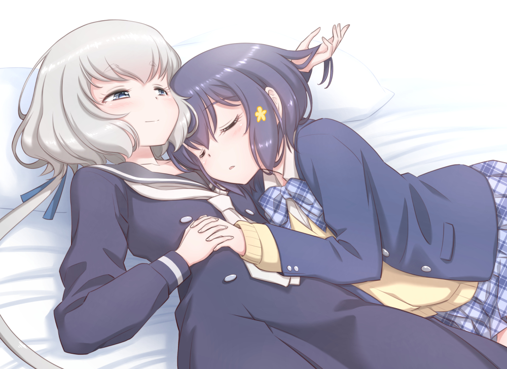 2girls black_dress black_hair blazer blue_eyes blue_jacket blue_skirt cardigan closed_eyes cuddling dress hand_holding hand_in_another's_hair head_on_another's_shoulder jacket konno_junko long_hair low_twintails lying lying_on_person mizuno_ai multiple_girls on_back on_side plaid plaid_skirt ribbon sailor_dress school_uniform shirt short_hair silver_hair skirt sleeping smile studiozombie twintails white_shirt yellow_cardigan yuri zombie_land_saga