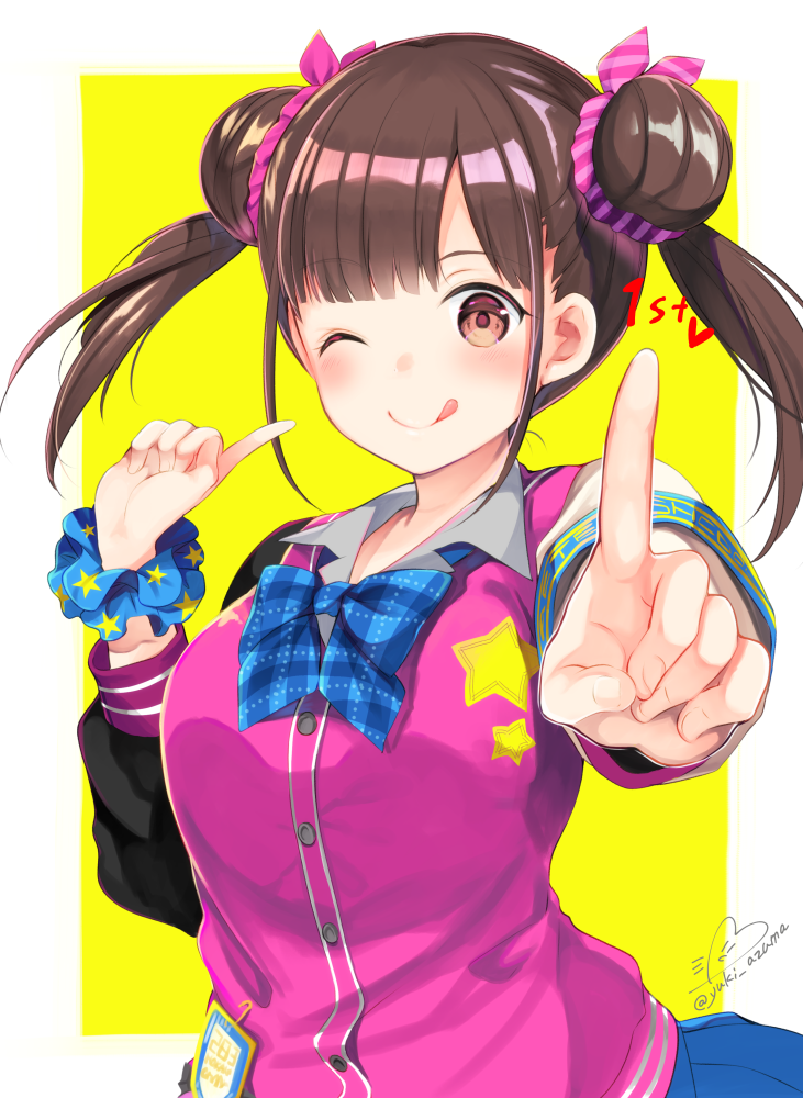 1girl ;q azuma_yuki bangs blue_bow blue_scrunchie blue_skirt blush bow brown_eyes brown_hair closed_mouth collared_shirt commentary_request double_bun eyebrows_visible_through_hair fingernails grey_shirt heart idolmaster idolmaster_shiny_colors index_finger_raised jacket long_hair long_sleeves one_eye_closed outstretched_arm pink_jacket plaid plaid_bow pleated_skirt print_scrunchie scrunchie shirt side_bun signature skirt smile solo sonoda_chiyoko star star_print tongue tongue_out twintails twitter_username two-tone_background white_background wrist_scrunchie yellow_background