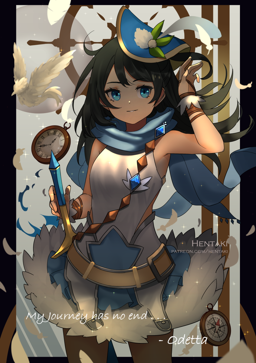 1girl animal armpits artist_name bare_shoulders belt bird black_border black_hair blue_eyes blue_hat blue_scarf blurry border breasts character_name commentary cowboy_shot dragalia_lost dress english_commentary feathers floating_hair half_updo hand_up hat hentaki highres long_hair looking_at_viewer odetta_(dragalia_lost) parted_lips patreon_username scarf sidelocks sleeveless sleeveless_dress small_breasts smile solo sparkle standing steering_wheel sword weapon white_dress