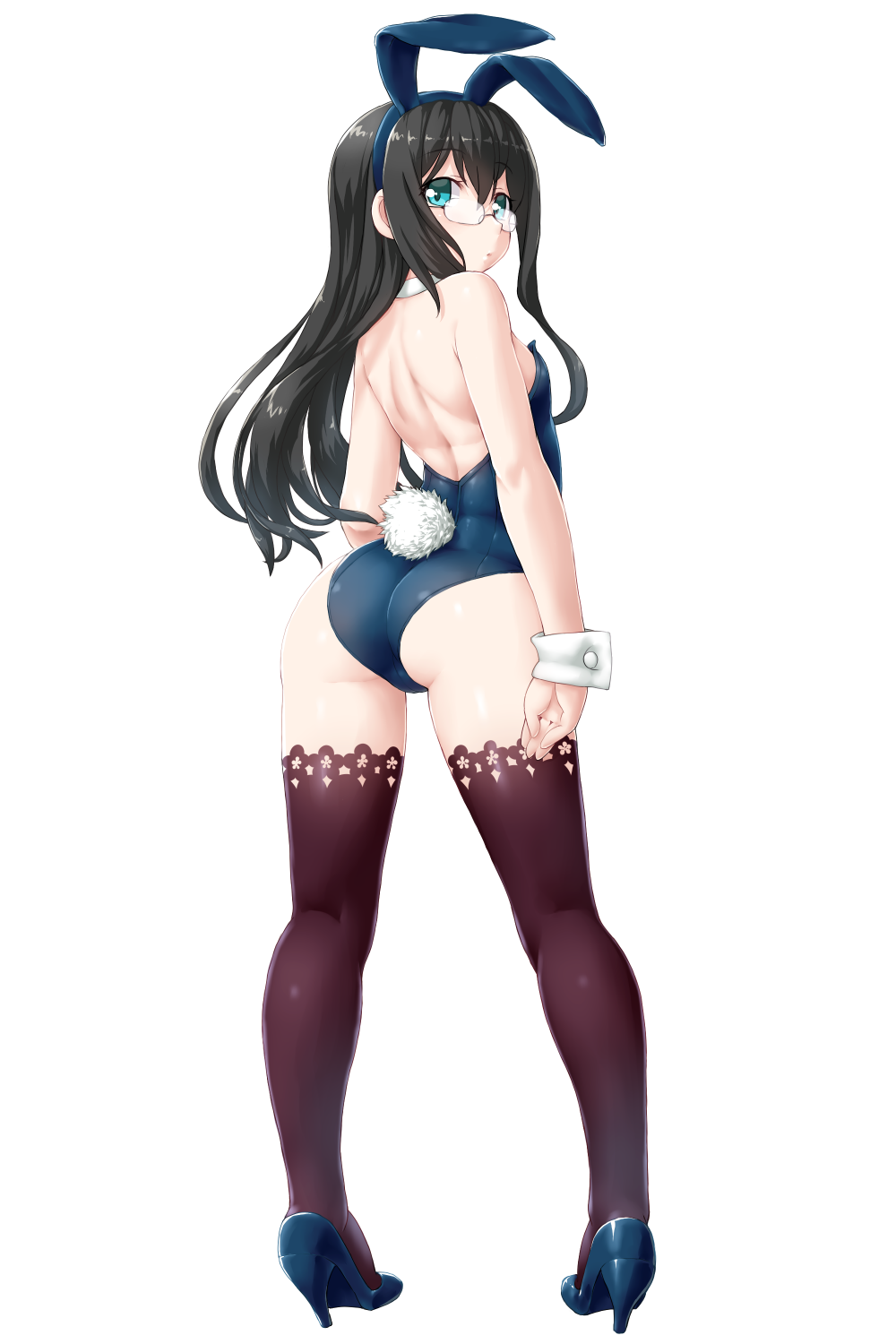 1girl animal_ears ass back bangs bare_shoulders black_hair blue_footwear blue_leotard blush breasts bunny_girl bunny_tail bunnysuit closed_mouth dd_(ijigendd) detached_collar fake_animal_ears full_body glasses hair_between_eyes hairband high_heels highres kantai_collection leotard long_hair looking_at_viewer looking_back ooyodo_(kantai_collection) rabbit_ears semi-rimless_eyewear simple_background solo standing strapless strapless_leotard tail thigh-highs under-rim_eyewear white_background wrist_cuffs