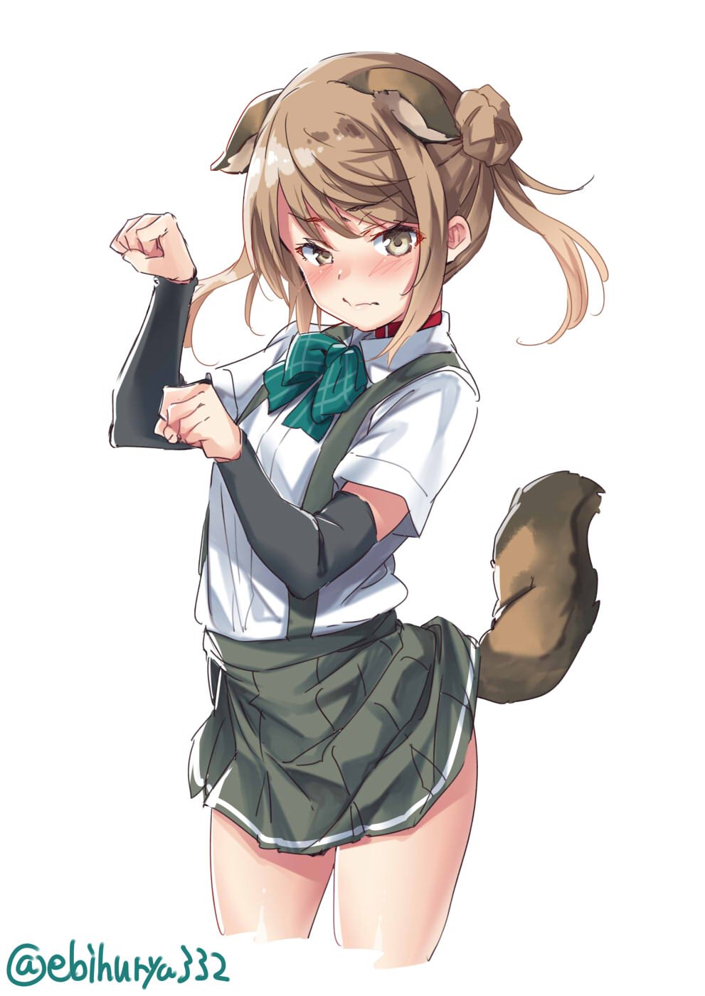 1girl animal_ears ascot blush closed_mouth dog_ears dog_tail double_bun ebifurya eyebrows_visible_through_hair hair_between_eyes hair_bun highres kantai_collection light_brown_hair looking_at_viewer michishio_(kantai_collection) paw_pose shirt short_sleeves short_twintails simple_background skirt solo suspenders tail twintails twitter_username white_background white_shirt yellow_eyes