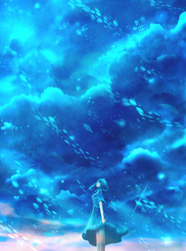 1girl ahoge blue_dress blue_eyes blue_hair blue_sky clouds cloudy_sky dawn day dress from_side looking_up original outdoors sakimori_(hououbds) short_hair short_sleeves sky solo standing wide_shot wide_sleeves