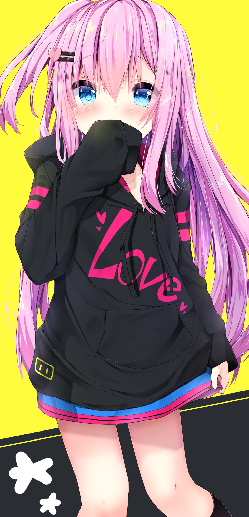 1girl bangs black_background black_hoodie blue_eyes blush clothes_writing commentary_request covered_mouth drawstring english_text eyebrows_visible_through_hair hair_between_eyes hair_ornament hairclip highres hood hood_down hoodie kouda_suzu long_hair long_sleeves one_side_up original pink_hair sleeves_past_fingers sleeves_past_wrists solo two-tone_background very_long_hair yellow_background