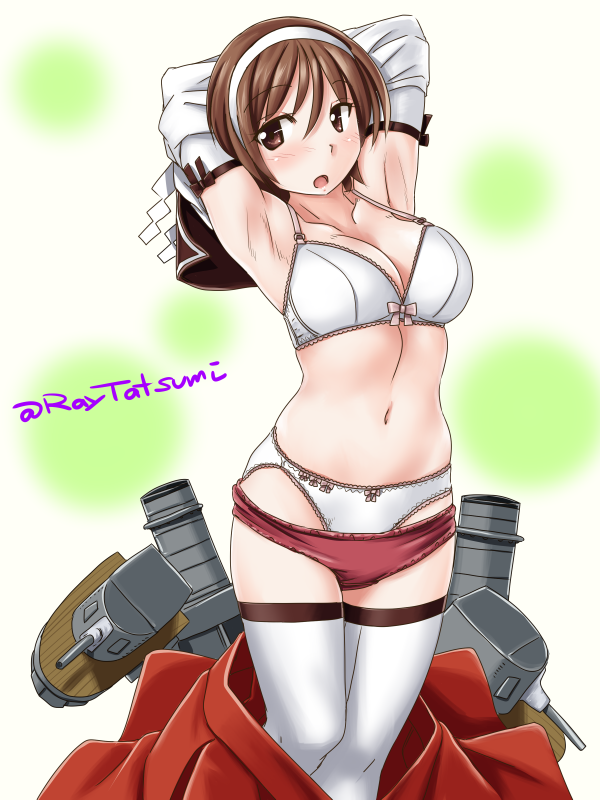1girl bra breasts brown_eyes brown_hair brown_sailor_collar buruma buruma_pull cannon cleavage collarbone detached_sleeves feet_out_of_frame hairband kantai_collection machinery medium_breasts natori_(kantai_collection) navel panties pleated_skirt red_buruma red_skirt sailor_collar short_hair skirt skirt_removed smokestack solo tatsumi_ray thigh-highs turret twitter_username underwear undressing white_background white_bra white_hairband white_legwear white_panties