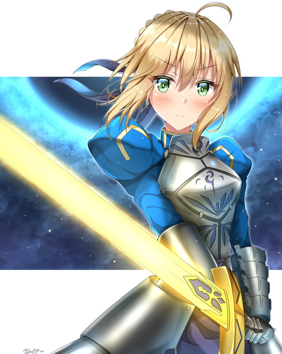 1girl ahoge armor armored_dress artoria_pendragon_(all) blonde_hair blouse blue_ribbon blush breasts commentary_request dress excalibur eyebrows_visible_through_hair fate/grand_order fate/stay_night fate_(series) gauntlets green_eyes hair_between_eyes hair_ribbon holding holding_sword holding_weapon long_sleeves looking_at_viewer ponytail puffy_sleeves ribbon saber short_hair skirt solo sunsun2812 sword weapon