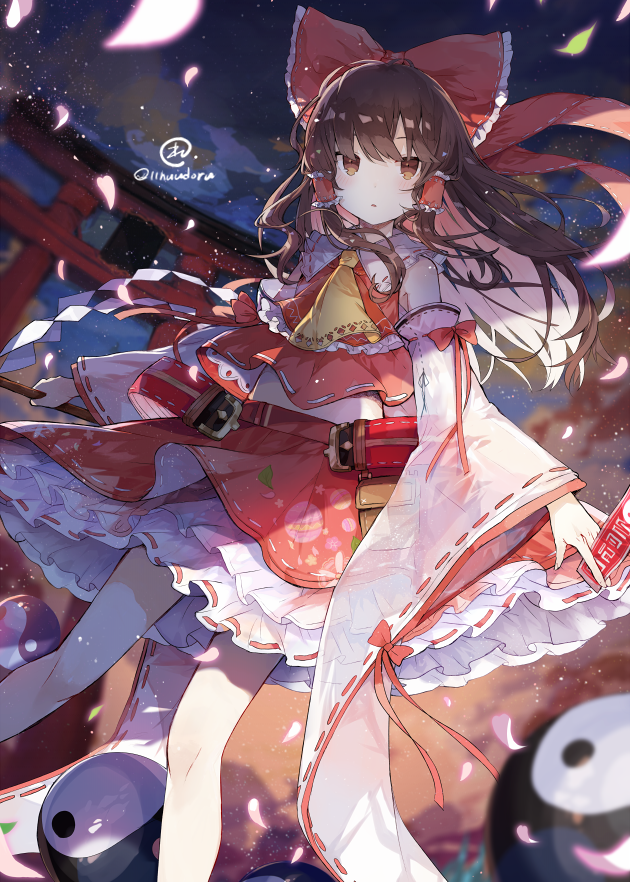 1girl artist_name ascot bangs bare_shoulders bow brown_eyes brown_hair commentary_request detached_sleeves dutch_angle feet_out_of_frame frilled_shirt_collar frills gohei hair_bow hair_tubes hakurei_reimu holding light_particles long_hair long_sleeves looking_at_viewer midriff nuudoru parted_lips petals petticoat pouch red_bow red_skirt ribbon-trimmed_collar ribbon-trimmed_sleeves ribbon_trim see-through shide sidelocks skirt skirt_set solo thighs torii touhou wide_sleeves yellow_neckwear yin_yang