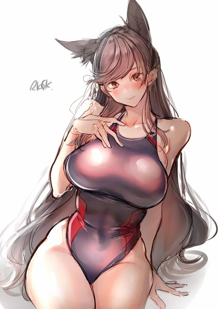 1girl amane_ruri animal_ears atago_(azur_lane) azur_lane bangs black_hair breasts brown_eyes closed_mouth commentary_request competition_swimsuit extra_ears feet_out_of_frame hair_ribbon highres large_breasts mole mole_under_eye one-piece_swimsuit ribbon sitting sketch solo swept_bangs swimsuit thighs white_ribbon